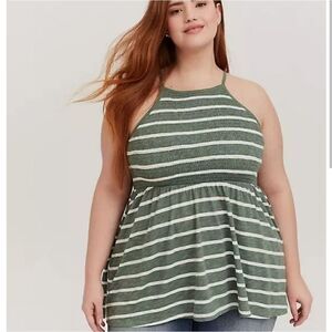 Torrid Smocked Babydoll Hi-Low Top – Green & White 1X